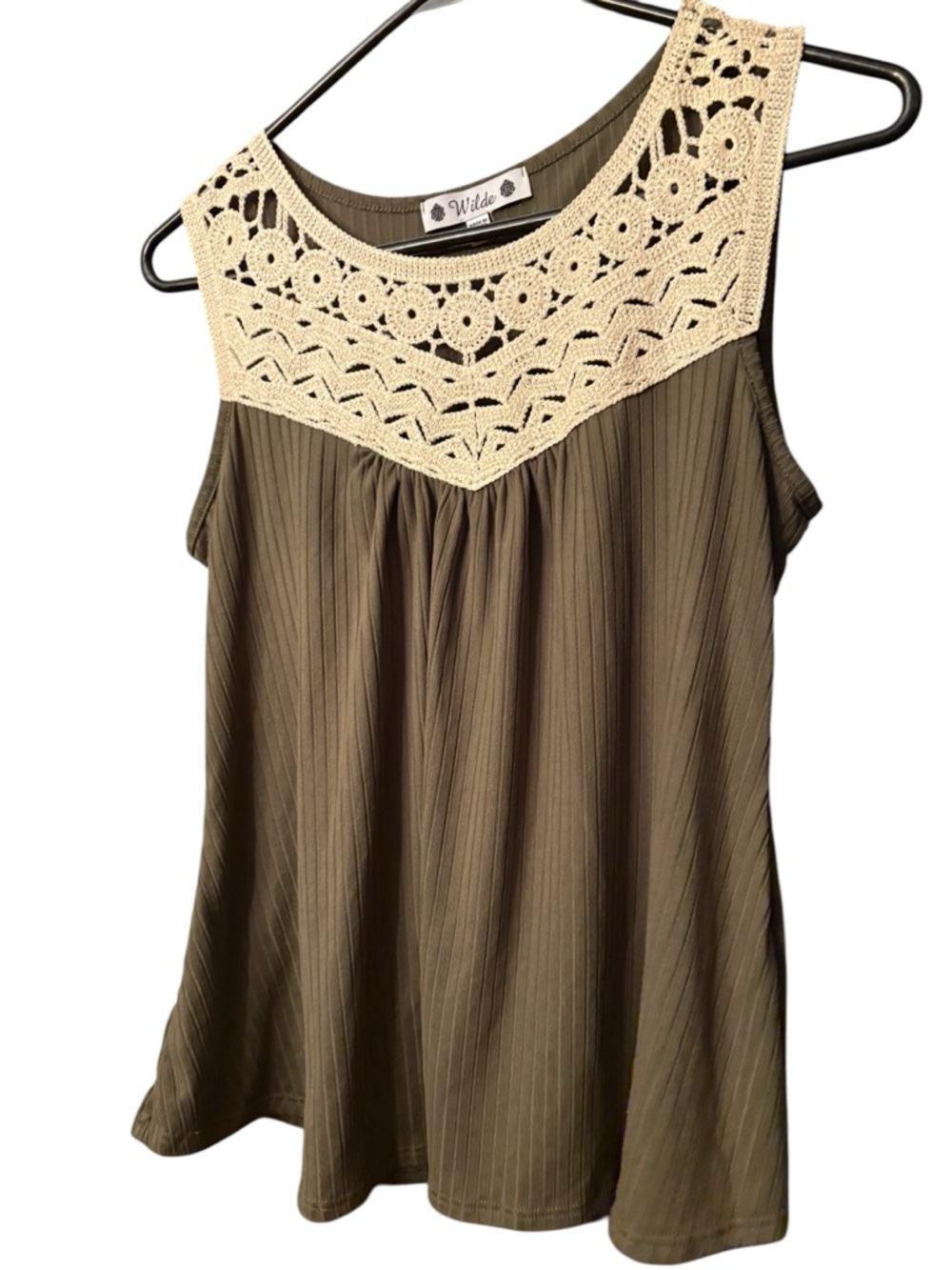 Wilde Olive Tank with Cream Crochet Yoke